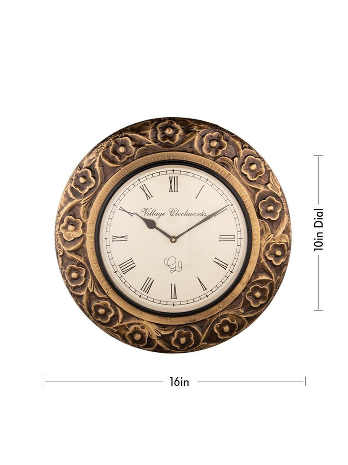 Round Flower Embossed Brass 16 Inches Wall Clock - Ouch Cart