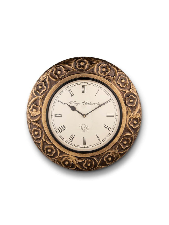 Round Flower Embossed Brass 16 Inches Wall Clock - Ouch Cart