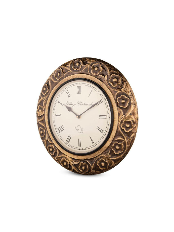Round Flower Embossed Brass 16 Inches Wall Clock - Ouch Cart