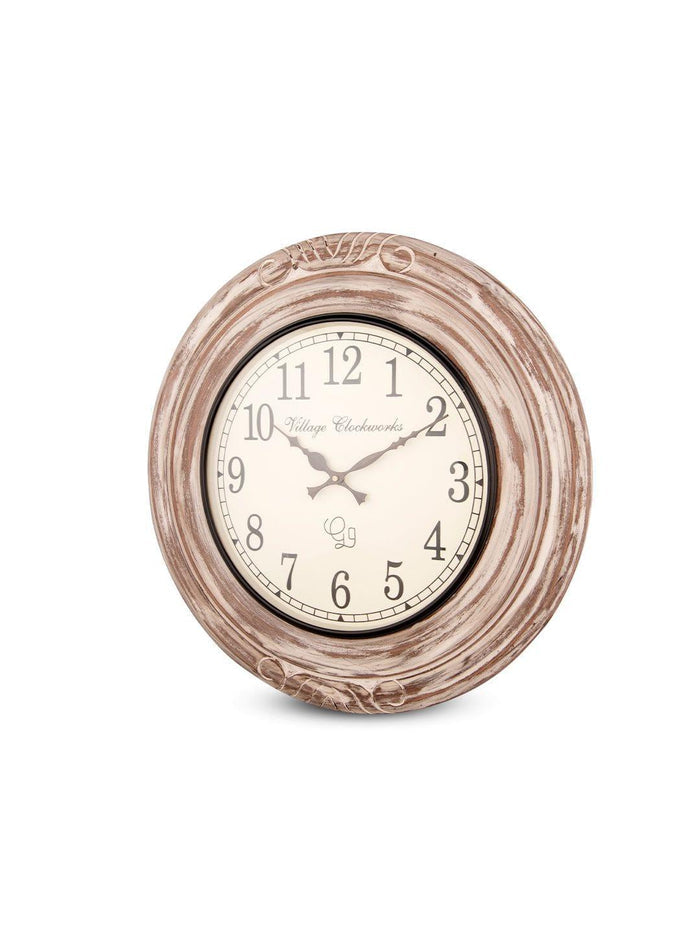 Round Wooden Distress White 18 Inches Wall Clock - Ouch Cart