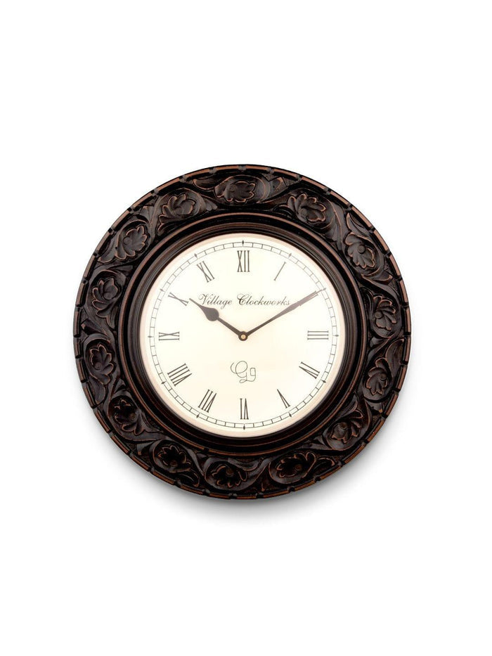 Round Wooden Flower Carved 16 Inches Wall Clock - Ouch Cart