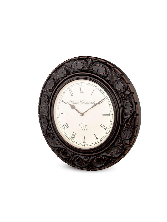 Round Wooden Flower Carved 16 Inches Wall Clock - Ouch Cart