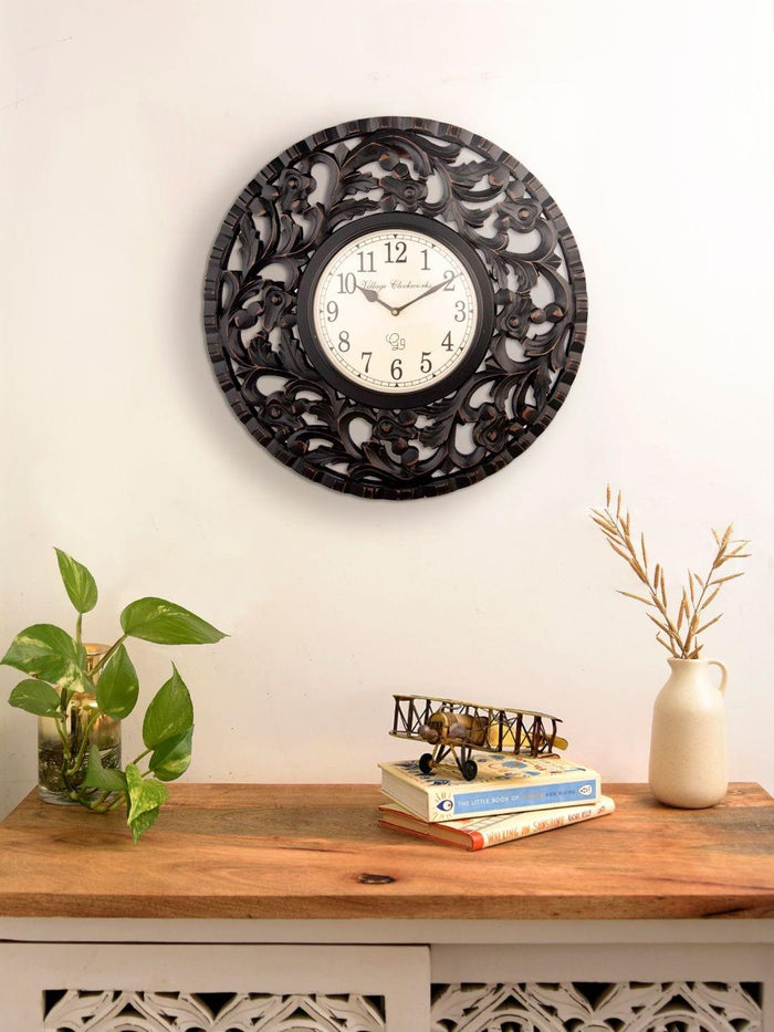 Round Wooden Flower Carving 18 Inches Wall Clock - Ouch Cart