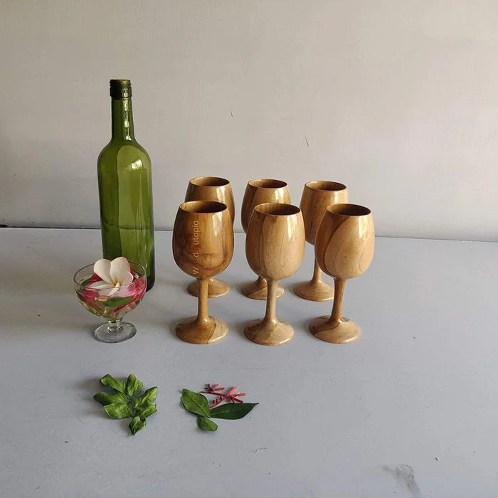 ROYAL LOOK PREMIUM WOODEN WINE GLASS || TEAK WOOD ( SET OF 6 ) - Ouch Cart