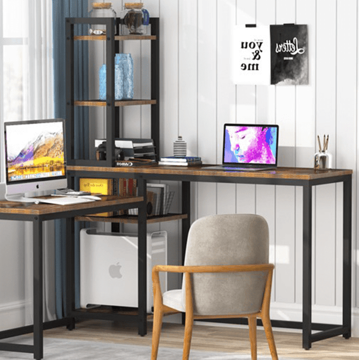 Rustic Brown L-Shaped Computer Desk with Bookshelf Storage - Ouch Cart