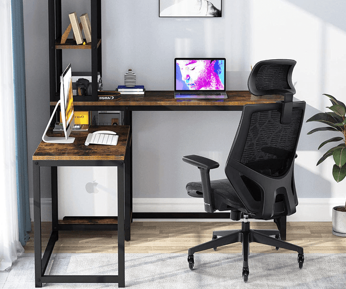 Rustic Brown L-Shaped Computer Desk with Bookshelf Storage - Ouch Cart