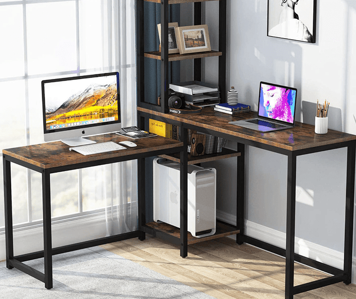 Rustic Brown L-Shaped Computer Desk with Bookshelf Storage - Ouch Cart