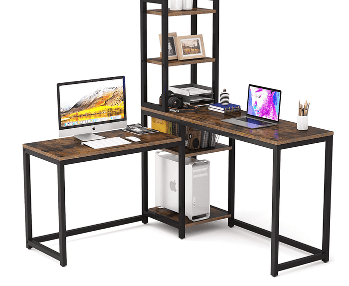 Rustic Brown L-Shaped Computer Desk with Bookshelf Storage - Ouch Cart