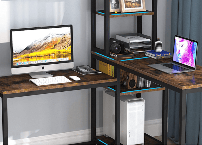 Rustic Brown L-Shaped Computer Desk with Bookshelf Storage - Ouch Cart