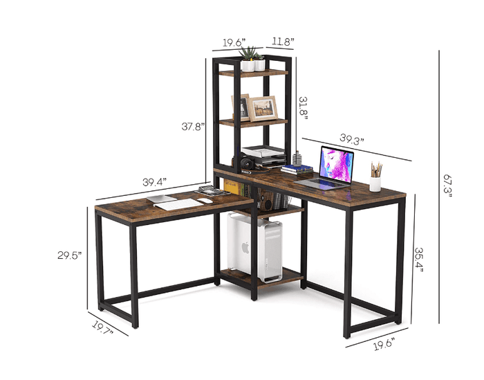 Rustic Brown L-Shaped Computer Desk with Bookshelf Storage - Ouch Cart