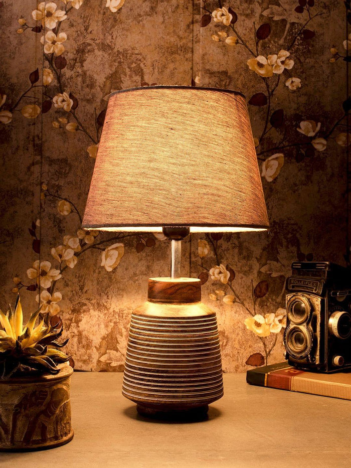 Rustic Ridged Wooden Lamp with Samre Brown Shade - Ouch Cart