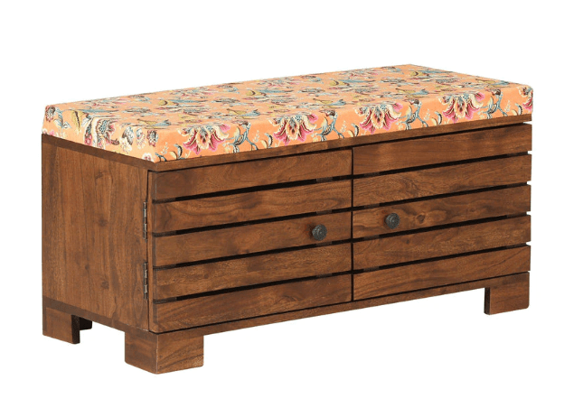 Sheesham Wood 2 Door Shoe Rack With Seating In Brown Finish - Ouch Cart