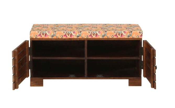 Sheesham Wood 2 Door Shoe Rack With Seating In Brown Finish - Ouch Cart