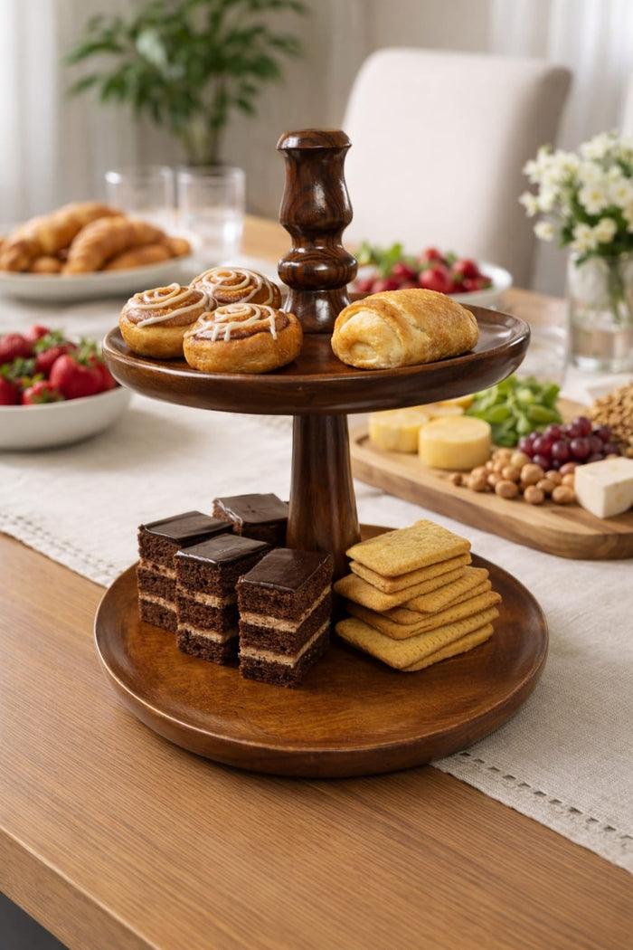 Sheesham Wood 2-Tier Cake Stand – Rustic Wooden Dessert & Cupcake Display for Table Decor OUCH CART