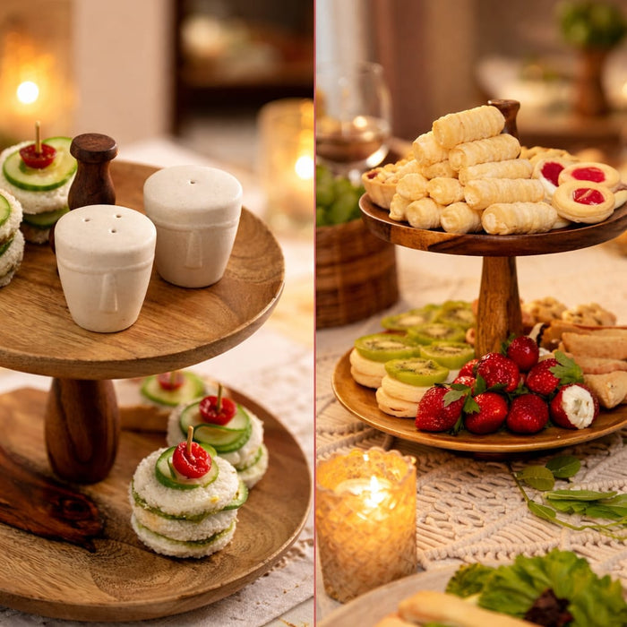 Sheesham Wood 2-Tier Cake Stand – Rustic Wooden Dessert & Cupcake Display for Table Decor OUCH CART