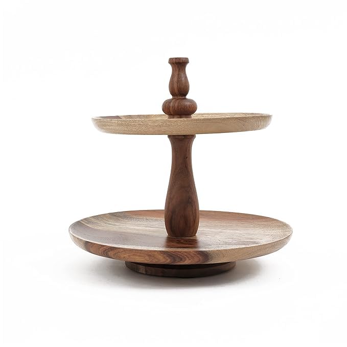 Sheesham Wood 2-Tier Cake Stand – Rustic Wooden Dessert & Cupcake Display for Table Decor OUCH CART