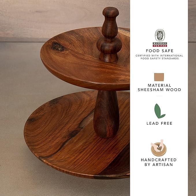 Sheesham Wood 2-Tier Cake Stand – Rustic Wooden Dessert & Cupcake Display for Table Decor OUCH CART
