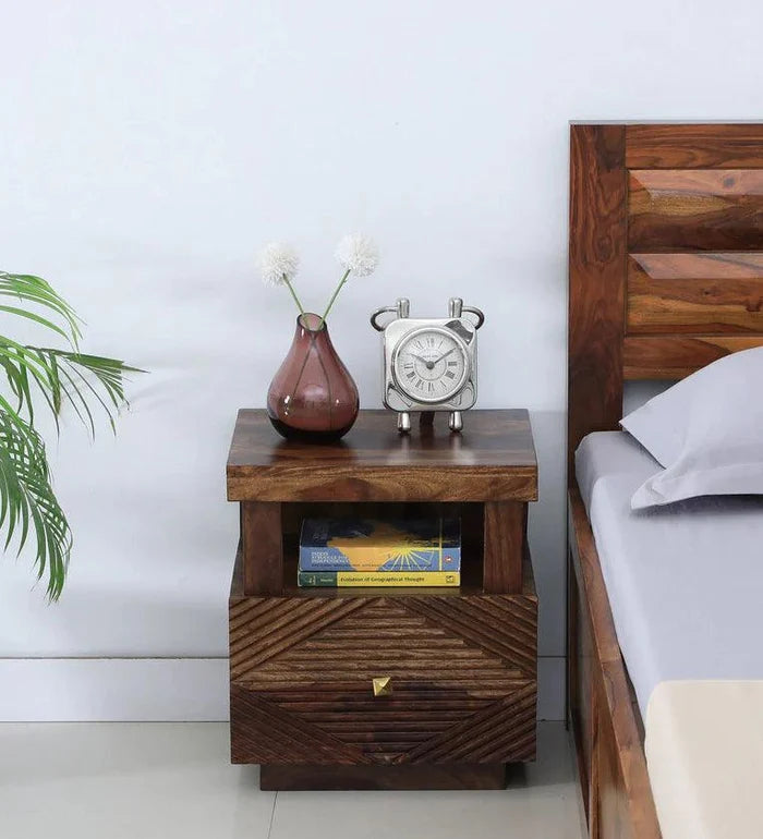 Sheesham Wood Bedside Table In Provincial Teak Finish With Drawers - Ouch Cart