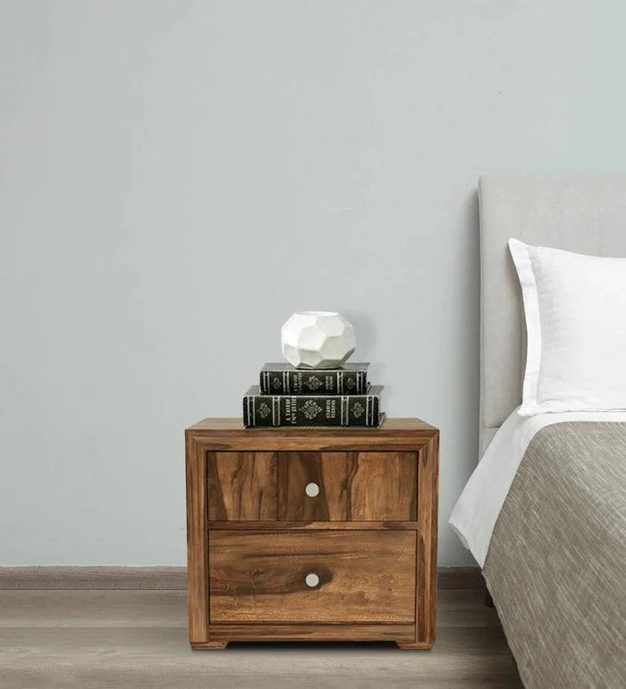 Sheesham Wood Bedside Table In Rustic Teak Finish With Drawers - Ouch Cart