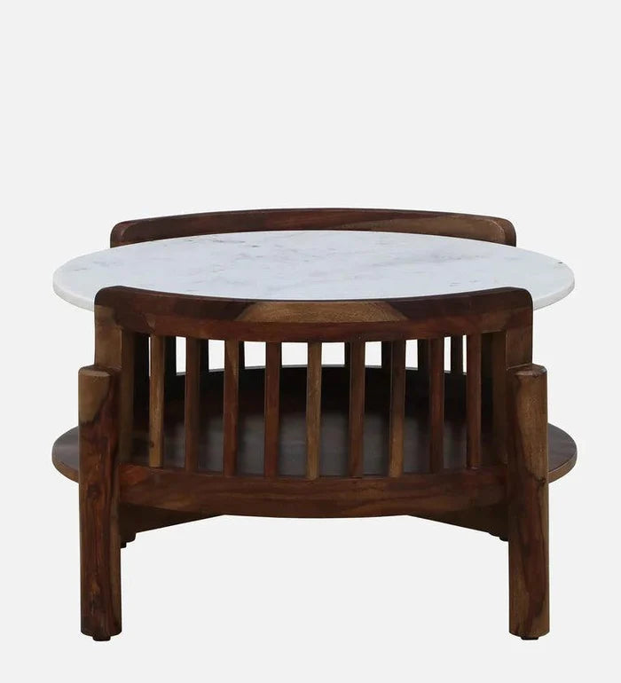Sheesham Wood Coffee Table In Provincial Teak Finish With Marble Top - Ouch Cart