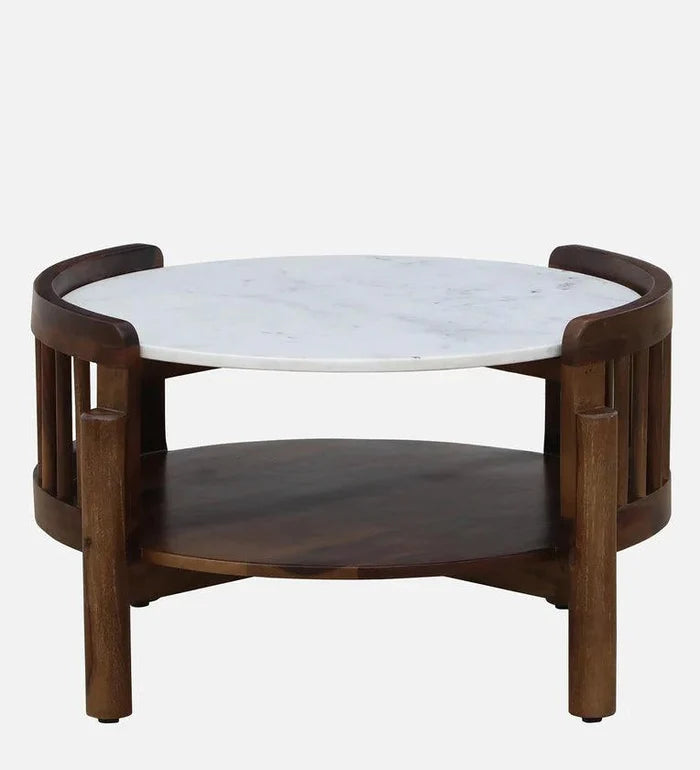 Sheesham Wood Coffee Table In Provincial Teak Finish With Marble Top - Ouch Cart