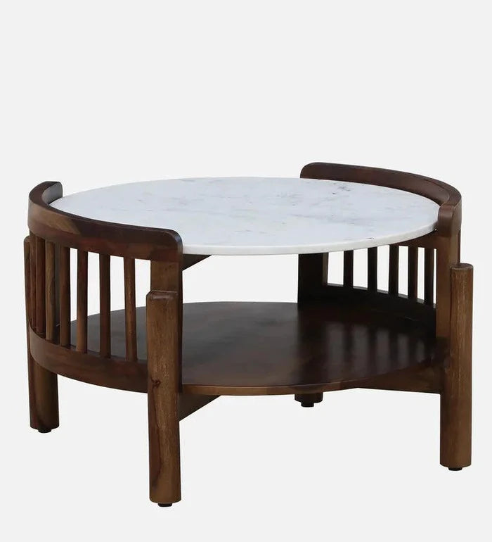 Sheesham Wood Coffee Table In Provincial Teak Finish With Marble Top - Ouch Cart