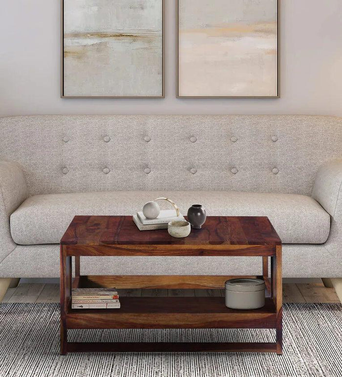 Sheesham Wood Coffee Table In Scratch Resistant Provincial Teak Finish With Shelf - Ouch Cart