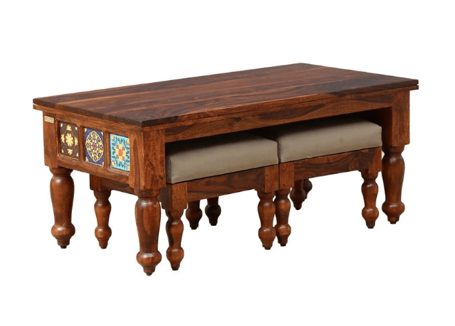 Sheesham Wood Coffee Table with Two Stools (Walnut Finish) - Ouch Cart