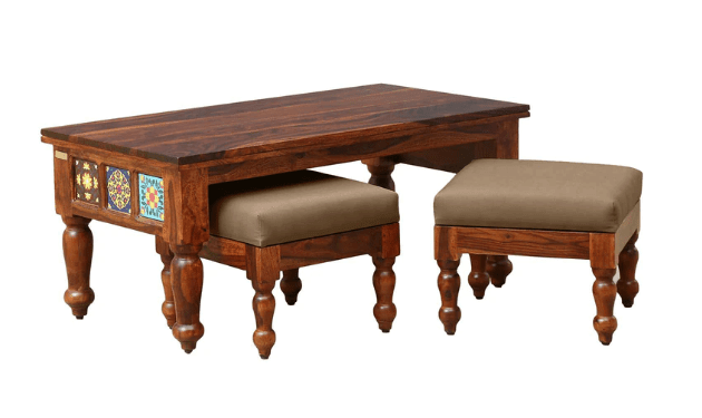 Sheesham Wood Coffee Table with Two Stools (Walnut Finish) - Ouch Cart