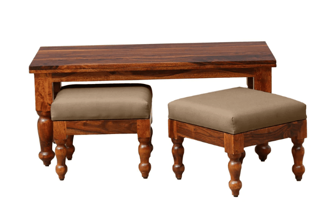 Sheesham Wood Coffee Table with Two Stools (Walnut Finish) - Ouch Cart