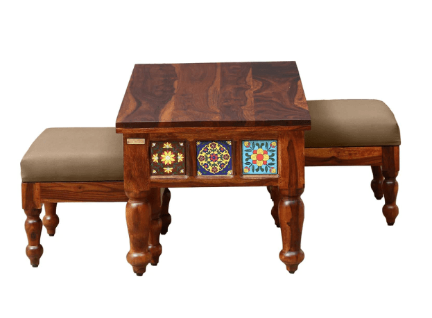 Sheesham Wood Coffee Table with Two Stools (Walnut Finish) - Ouch Cart