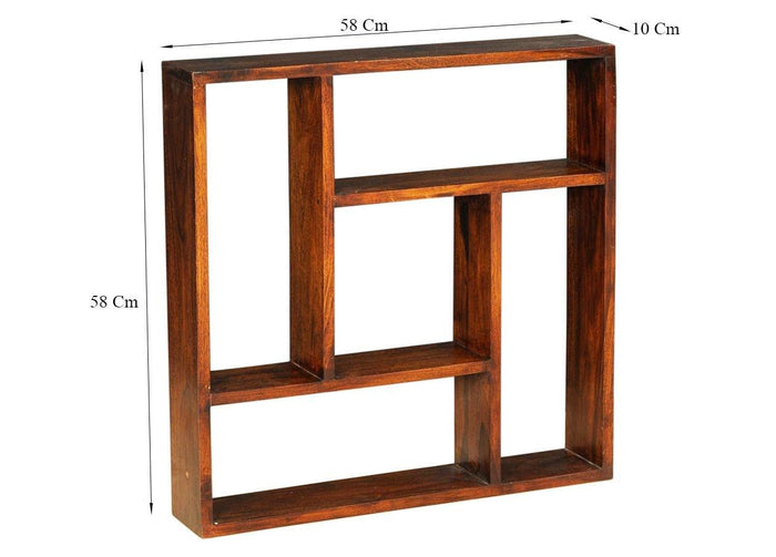 Sheesham Wood Square Storage Wallshelf In Honey Finish - Ouch Cart