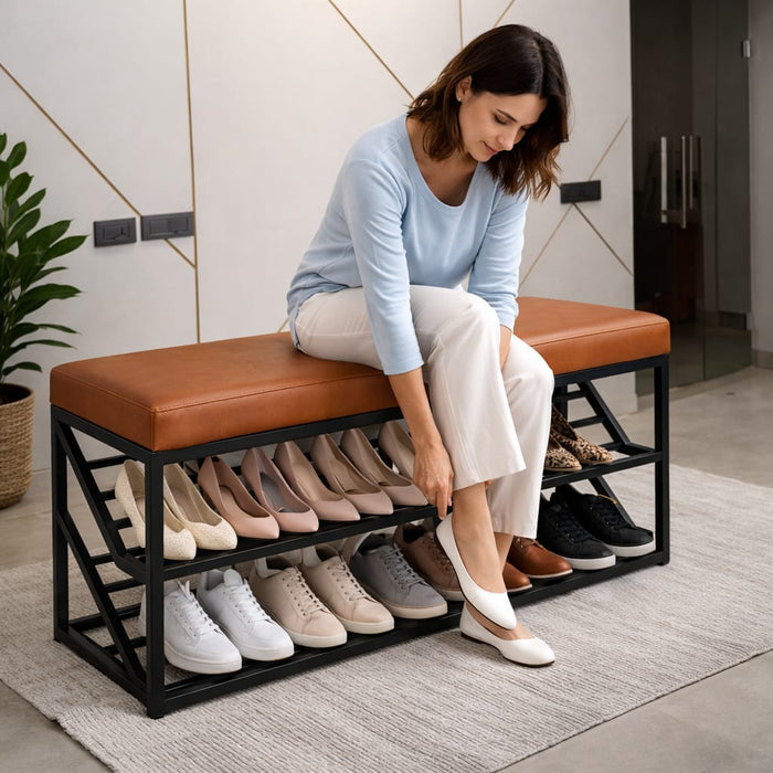 Shoe Rack Bench with Cushion – 2-Tier Storage Organizer Seat for Entryway, Bedroom & Living Room
