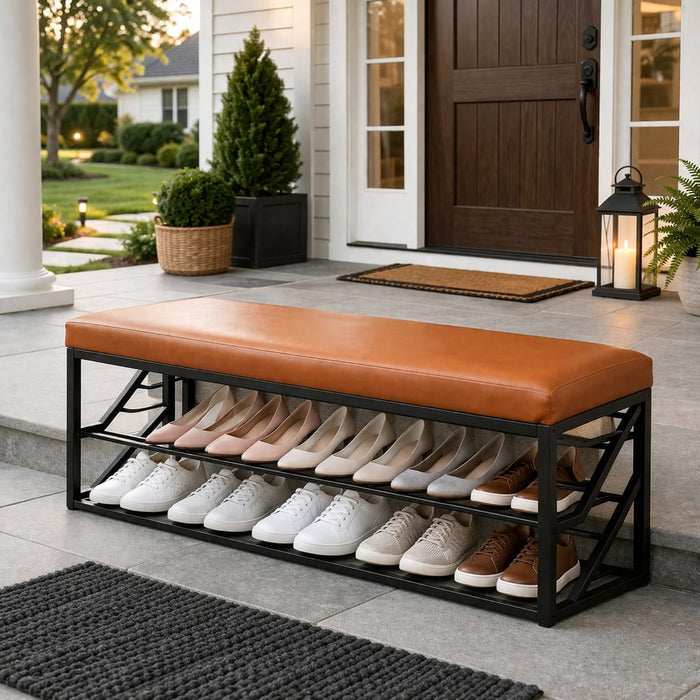 Shoe Rack Bench with Cushion – 2-Tier Storage Organizer Seat for Entryway, Bedroom & Living Room OUCH CART