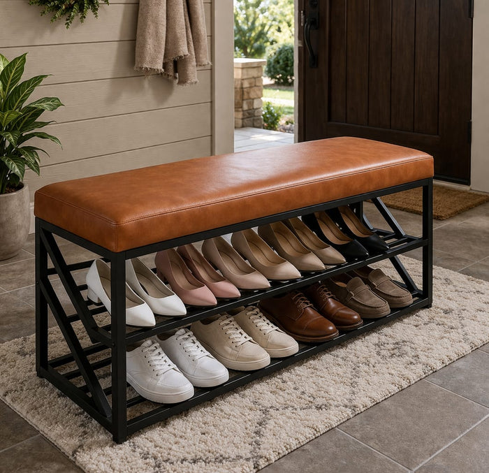 Shoe Rack Bench with Cushion – 2-Tier Storage Organizer Seat for Entryway, Bedroom & Living Room