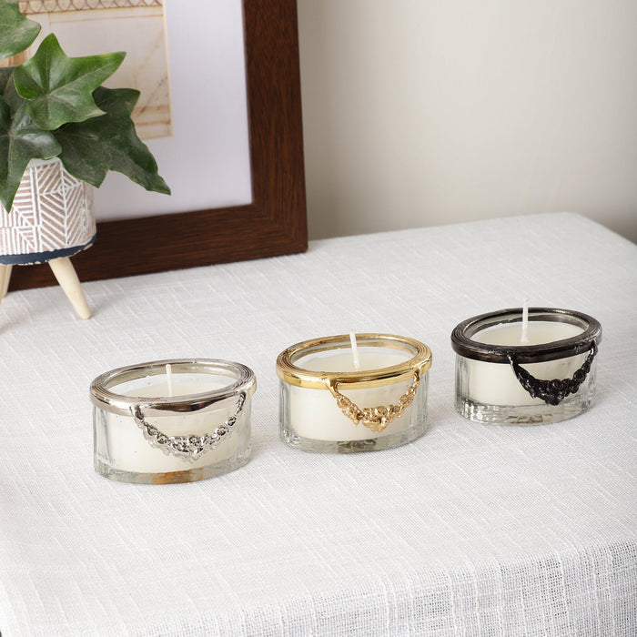 snowy whisper white scented candle jar with Golden Ring M.M.I. OVERSEAS