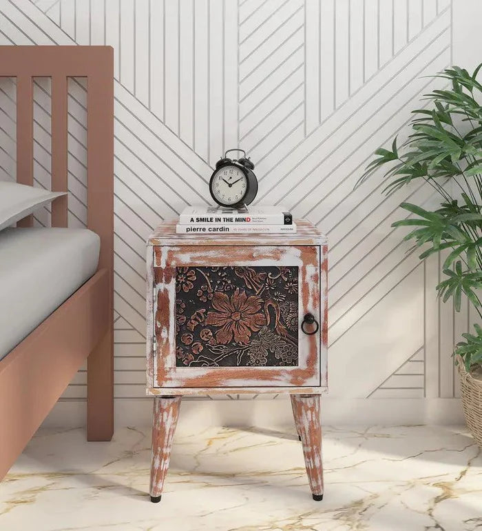 Solid Wood Bedside Table In White Distress Finish - Ouch Cart