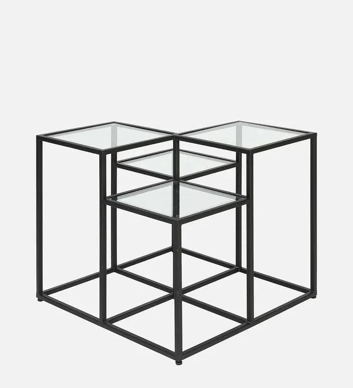 Square Metal Coffee Table In Black Colour With Glass Top - Ouch Cart