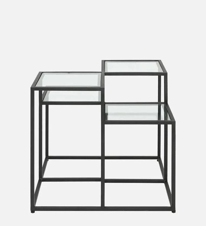 Square Metal Coffee Table In Black Colour With Glass Top - Ouch Cart