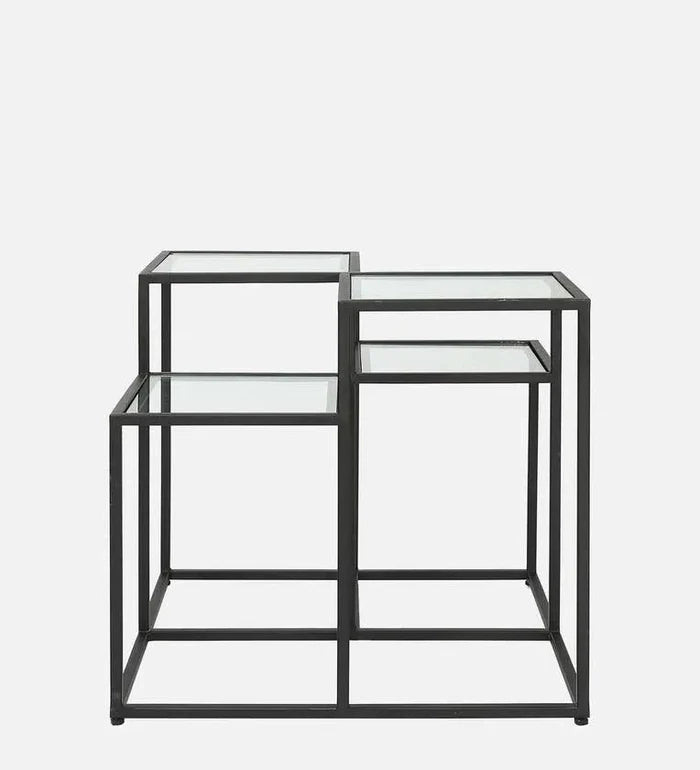 Square Metal Coffee Table In Black Colour With Glass Top - Ouch Cart
