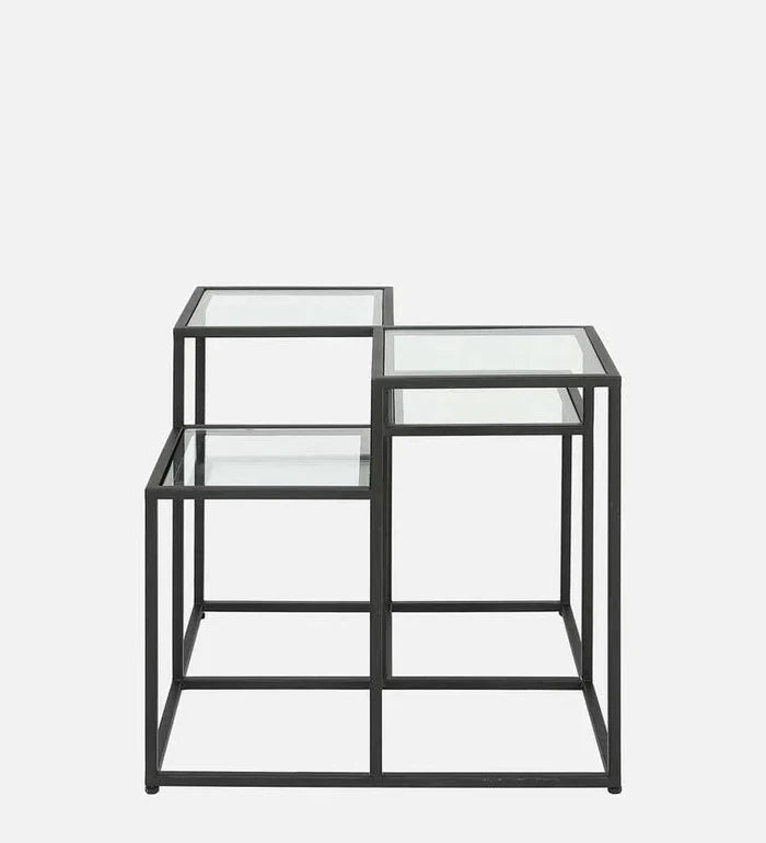 Square Metal Coffee Table In Black Colour With Glass Top - Ouch Cart