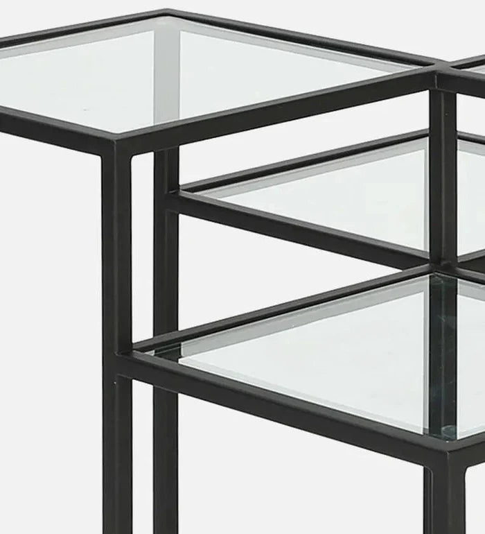 Square Metal Coffee Table In Black Colour With Glass Top - Ouch Cart
