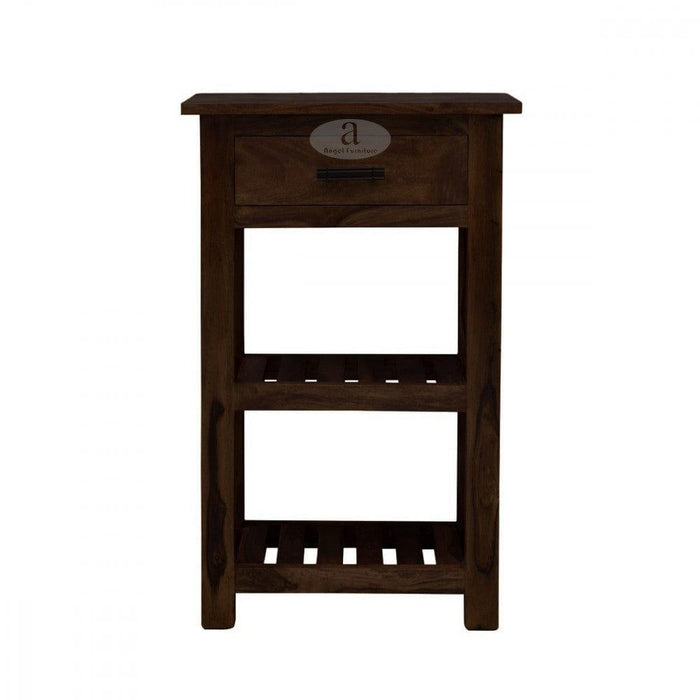 Tallboy Corner table with drawer in walnut finish - Ouch Cart
