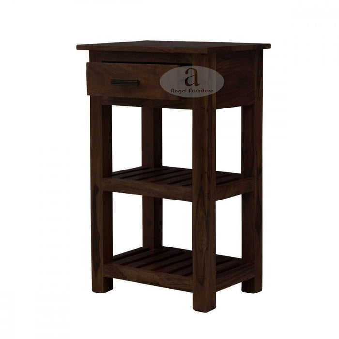 Tallboy Corner table with drawer in walnut finish - Ouch Cart