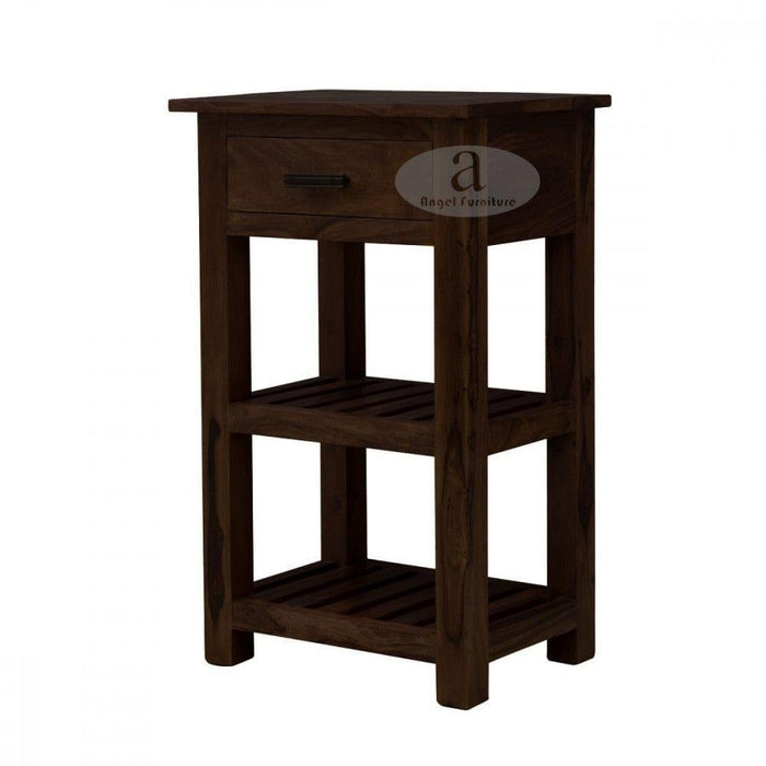 Tallboy Corner table with drawer in walnut finish - Ouch Cart