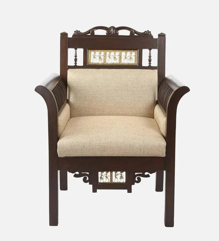Teak Wood 1 Seater Sofa in Beige & Walnut Finish - Ouch Cart