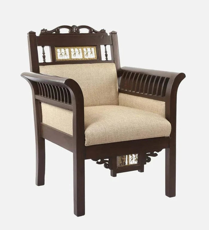 Teak Wood 1 Seater Sofa in Beige & Walnut Finish - Ouch Cart