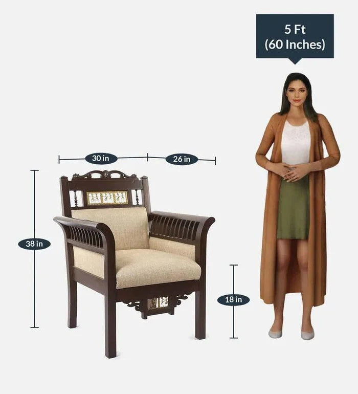 Teak Wood 1 Seater Sofa in Beige & Walnut Finish - Ouch Cart