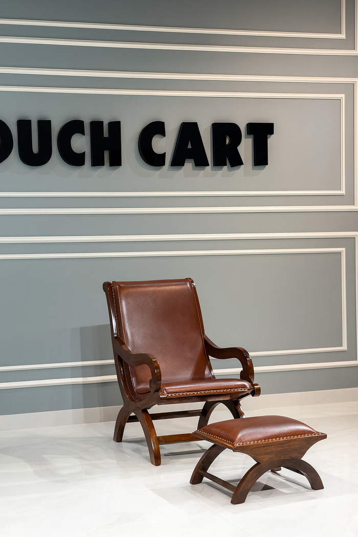 Teak Wood Armchair Lounge Chair with Ottoman