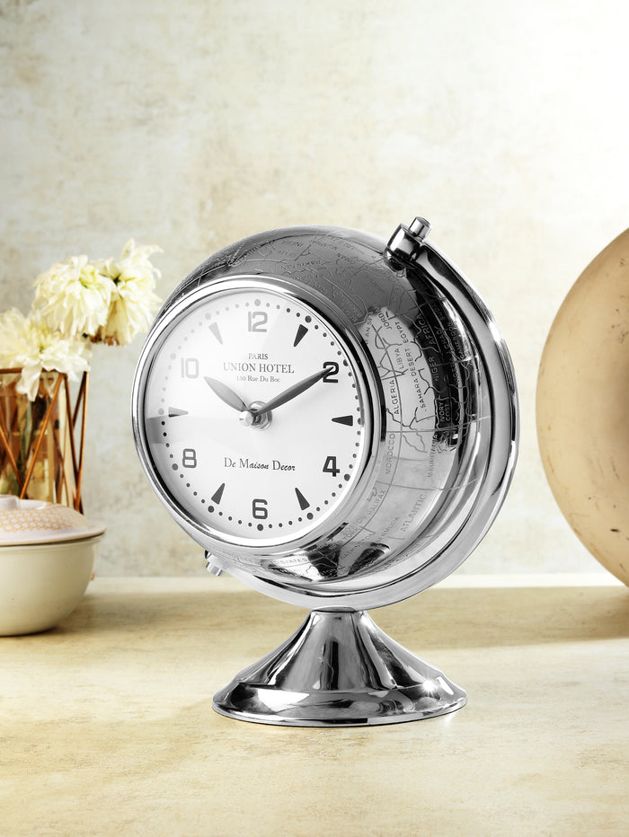 The Etched World Table Clock in Silver - OUCHCART
